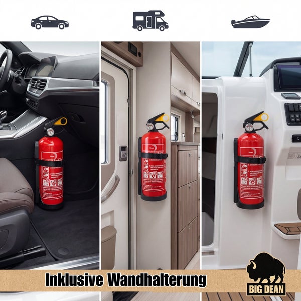 Feuerlöscher mit Wandhalterung für Auto, Wohnmobil und Boot, vielseitig einsetzbar für Brandklassen A, B und C.