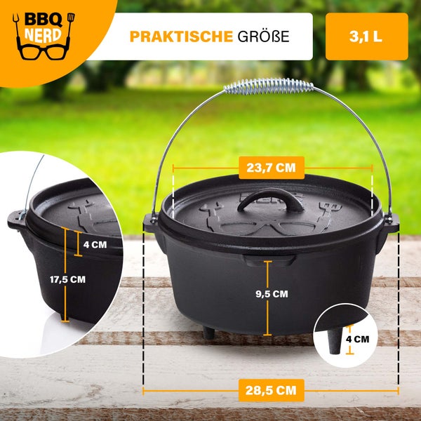 BBQ-Nerd Dutch Oven Starter 3,1L mit Füßen | bereits eingebrannt - preseasoned | Gusseisen Feuertopf, Bräter mit Deckel inkl. Deckelheber | Feuerfester Grill & Camping Kochtopf, Grilltopf