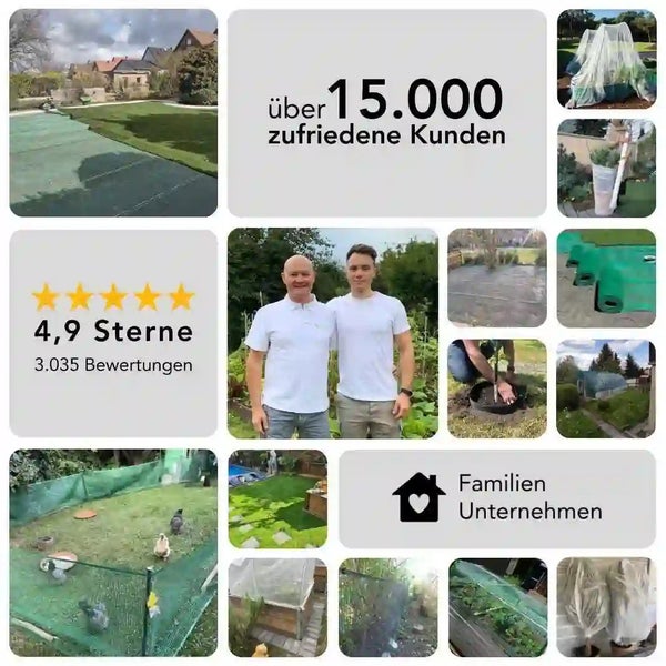 Collage mit Gartenprodukten und Kundenbewertungen fuer einen Familienbetrieb mit ueber 15.000 zufriedenen Kunden und 4,9 Sternen Bewertung.