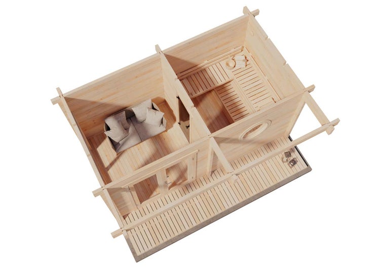 Draufsicht auf ein Gartenhaus aus Holz mit zwei Räumen, bestehend aus einem Saunabereich mit Bänken und einem Ruheraum mit Sofa.