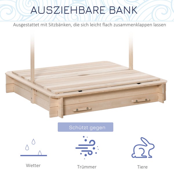 Ausziehbare Holz Sandkiste mit flachen Sitzbänken, die vor Wetter, Schmutz und Tieren schützt