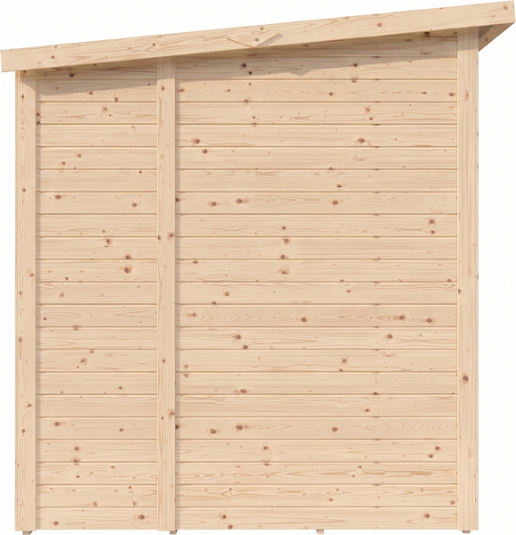Rückwand eines Gartenhauses aus Holz mit Pultdach und horizontalen Brettern.
