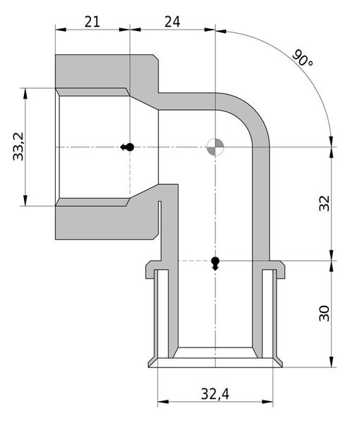 Technische Zeichnung eines 90 Grad Winkelfittings mit Maßangaben in Millimetern.