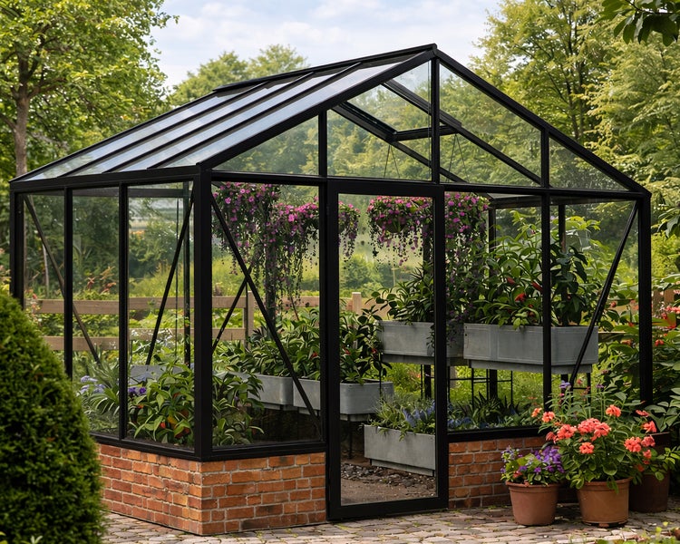 Modernes Gewächshaus mit schwarzem Metallrahmen, Glaswänden und Ziegelsockel, bepflanzt in einem hellen Garten.