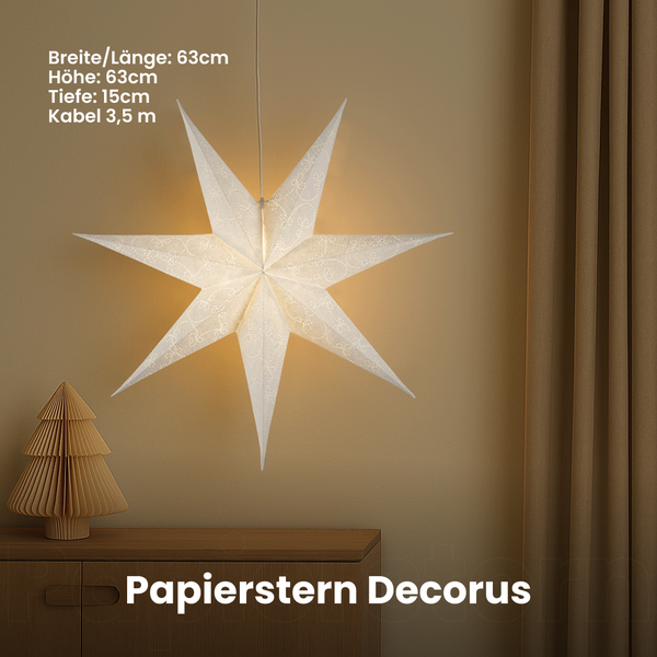 Dekorativer Papierstern Decorus mit einer Breite und Länge von 63 cm, einer Höhe von 63 cm, einer Tiefe von 15 cm und einem 3,5 m langen Kabel