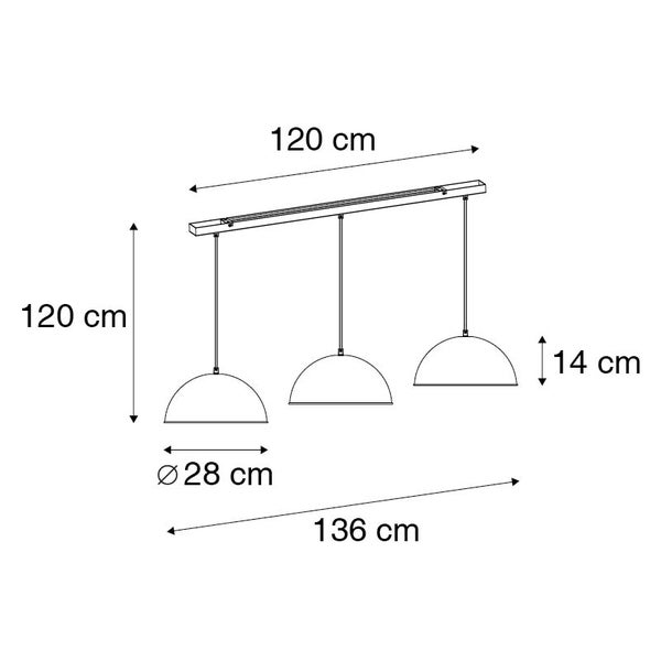 Technische Zeichnung einer dreiflammigen Pendelleuchte mit Maßangaben