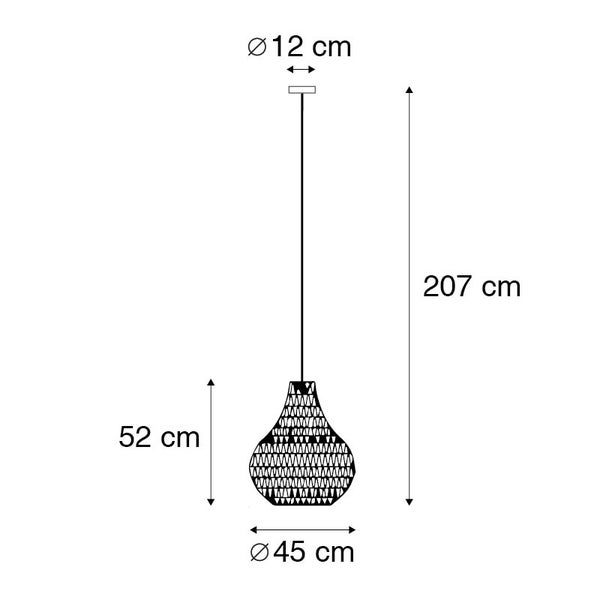 Maßzeichnung Pendelleuchte: Durchmesser Baldachin 12 Zentimeter, Gesamthöhe 207 Zentimeter, Schirmhöhe 52 Zentimeter, Durchmesser 45 Zentimeter.