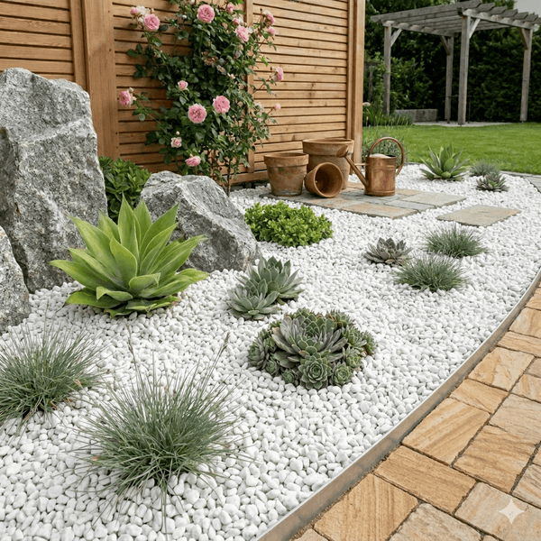 Gartenbeet mit weißem Zierkies, großen Findlingen, Sukkulenten, Gräsern, Holz-Sichtschutzwand und Terrakottatöpfen in einer modernen Gartenanlage.