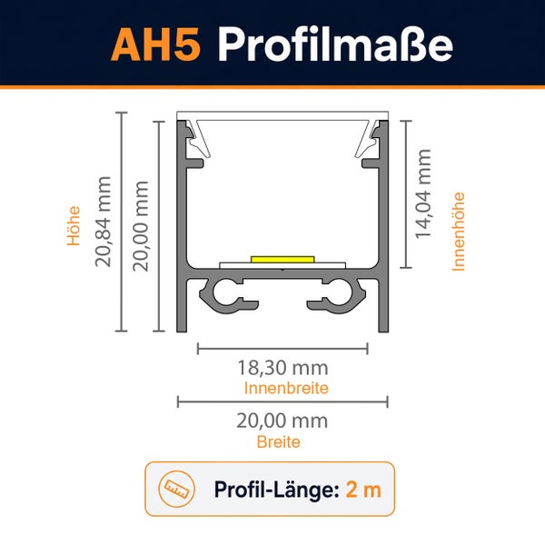 Technische Zeichnung der Maße für das AH5 LED Aluminiumprofil mit Innen- und Außenmaßen sowie einer Profillänge von 2 Metern.