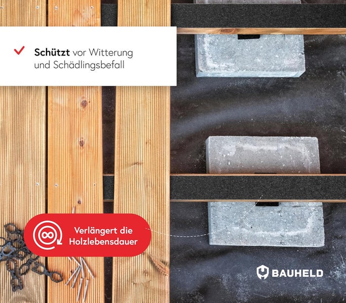 Terrassenunterkonstruktion mit Bautenschutzmatte, Gehwegplatten und Holzschrauben schützt das Holz vor Witterung und Schädlingsbefall und verlängert die Lebensdauer