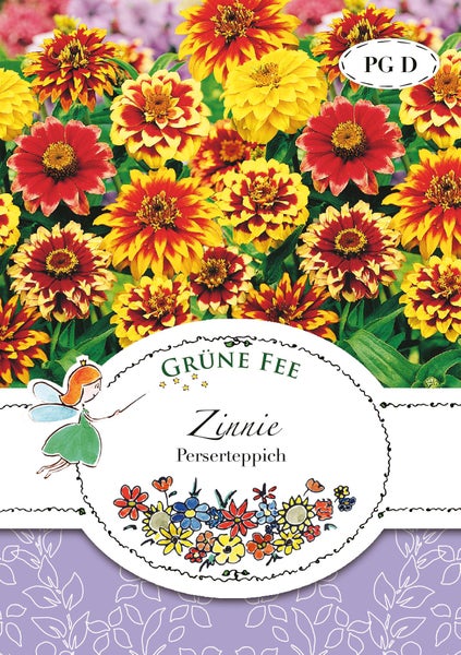 Samentüte für Zinnie Perserteppich der Marke Grüne Fee mit einer Abbildung von gelben, roten und orangefarbenen Zinnienblüten.