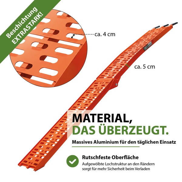 Orangefarbene Auffahrrampe aus Aluminium mit rutschfester Lochstruktur. Maße: Lochbreite circa 4 Zentimeter, Randhöhe circa 5 Zentimeter.