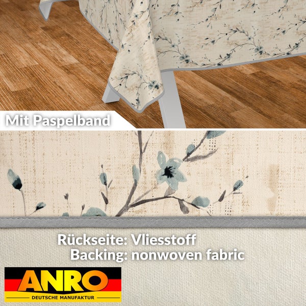 Tischdecke mit Blumenmuster und Paspelband sowie Rückseite aus Vliesstoff