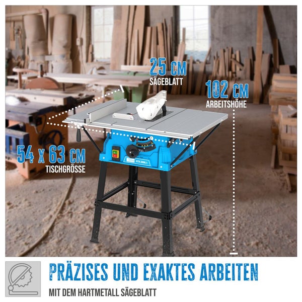 Güde Tischkreissäge GTK 2000.1 mit 25 Zentimeter Hartmetall-Sägeblatt, 102 Zentimeter Arbeitshöhe und 54 mal 63 Zentimeter Tischgröße.