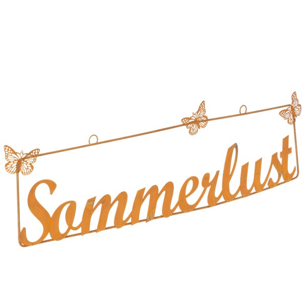 Dekoschild aus Metall mit dem Schriftzug Sommerlust in Rostoptik, verziert mit drei Schmetterlingen.