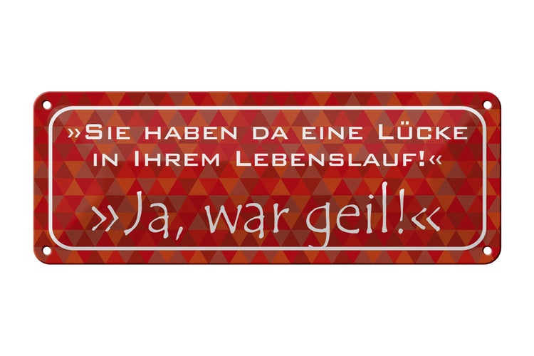 Blechschild Spruch 27x10cm Lücke in Lebenslauf ja war geil Dekoration