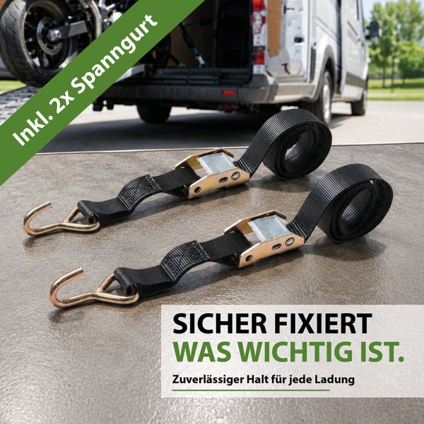 Zwei Spanngurte mit Haken und Ratschenverschluss zur Ladungssicherung im Fahrzeug.