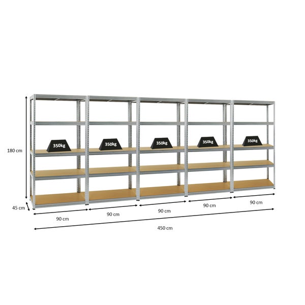 PROREGAL Mega Deal 5x Schwerlastregal Slim Elephant S HxBxT 180 x 90 x 45 cm 5 Ebenen Fachlast 350 kg Verzinkt