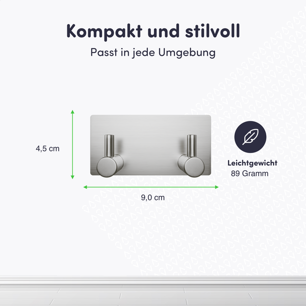 Doppelhaken aus Edelstahl zur Wandmontage, 4,5 Zentimeter hoch und 9,0 Zentimeter breit, Gewicht 89 Gramm, kompakt und stilvoll.