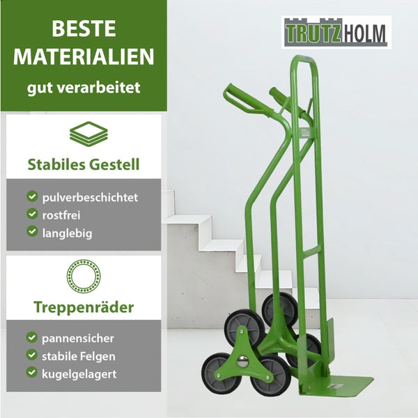Treppenkarre pannensicher Stahl 120 kg 118 cm hoch mit Sicherheitsgriffen Treppensackkarre in grün