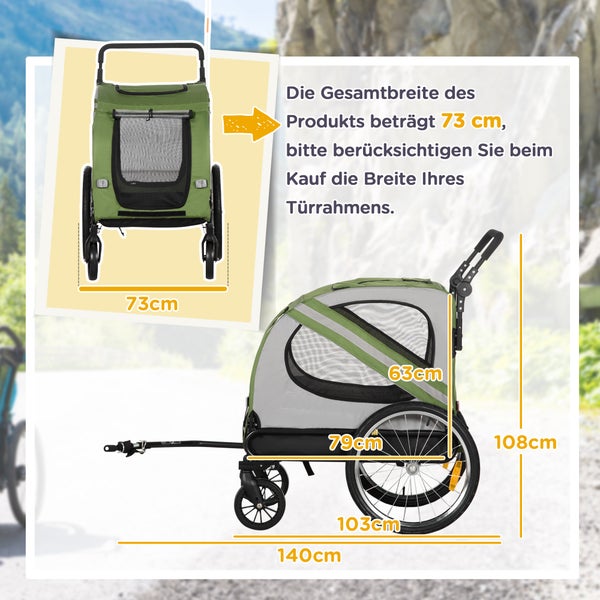 PawHut 2-in-1 Hundeanhänger & Hundebuggy, Hundefahrradanhänger Fahrradanhänger, Hundewagen mit Reflektoren für Mittelgroße Hunde bis 20 kg, Oxford-Gewebe, Grün