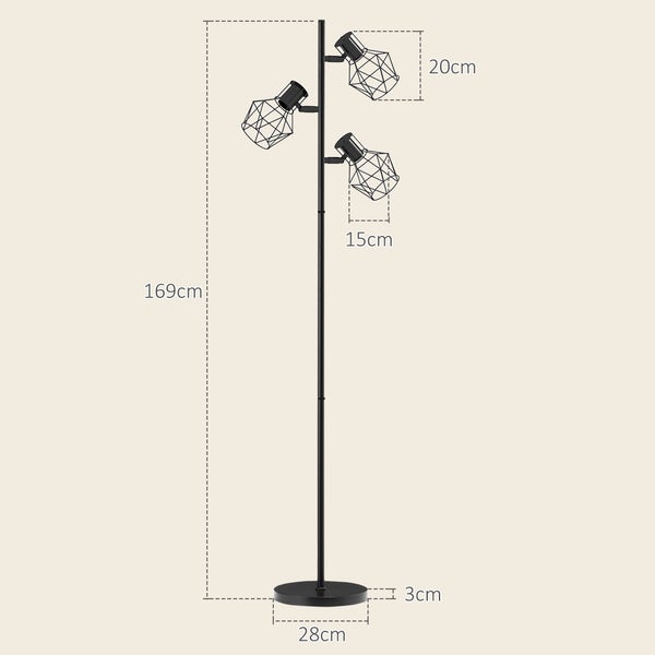 Stehlampe mit drei Leuchten und geometrischen Lampenschirmen