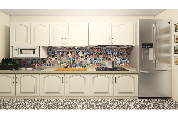 Küchenansicht mit Schränken, Spüle, Herd, Mosaikfliesen und Kühlschrank