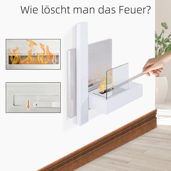 HOMCOM, Ethanol-Kamin, Bio-Ethanol-Brenner, 75L x 63B x 22T cm, Rostfreier Stahl, Weiß