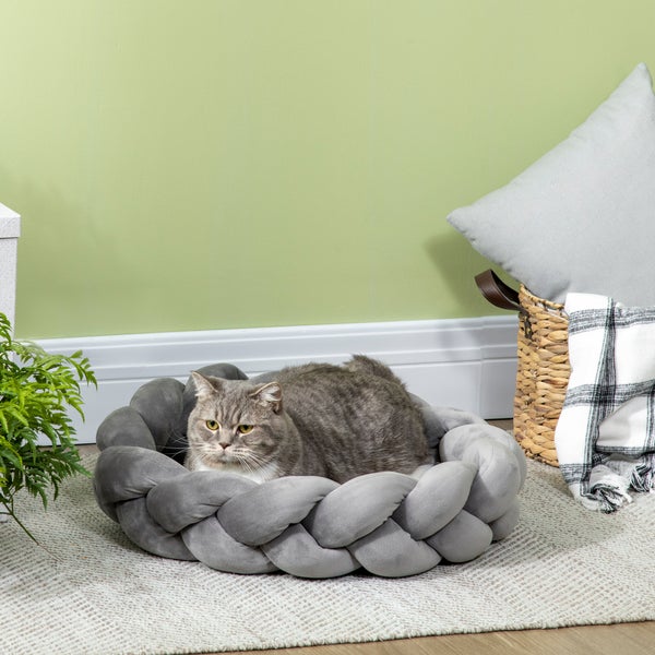 PawHut Hundebett, 55L x 55B x 14H cm, PP Baumwolle, Samt, Baumwollseil, Grau