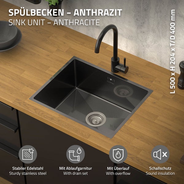 ML-Design Spülbecken Edelstahl 50x40 cm Anthrazit, Küchenspüle eckig, 1 Becken, Einbauspüle Unterbauspüle, Edelstahlspüle mit Ab- und Überlaufgarnitur, Einzelbecken mit Siphon, Waschbecken Küche Spüle