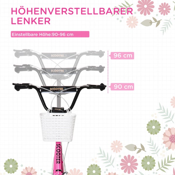 HOMCOM Kinderroller, 139L x 58B x 96H cm, Metall, Kunststoff, Aluminiumlegierung, Gummi, Rosa
