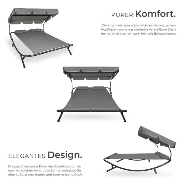 Doppelliege für den Garten mit verstellbarem Sonnendach, zwei Kopfkissen und geschwungenem Metallgestell.
