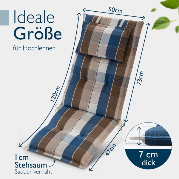 Gartenstuhlauflage für Hochlehner, Maße: Länge 120 Zentimeter, Breite 50 Zentimeter, Stärke 7 Zentimeter, mit 1 Zentimeter Stehsaum.