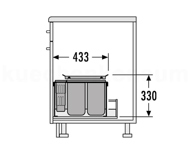 Technische Zeichnung eines Küchenunterschranks mit Abfalltrennsystem und Maßangaben 433 und 330
