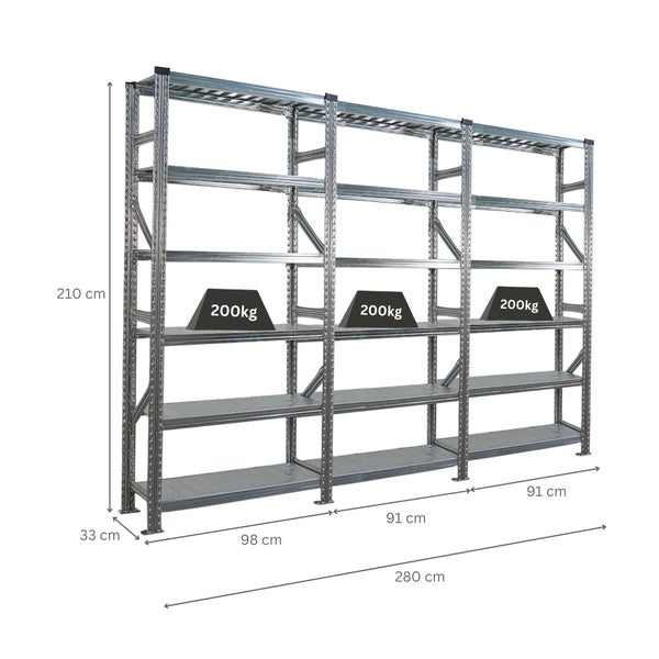 Abbildung eines Schwerlastregals mit den Maßen 210 cm Höhe, 280 cm Breite und 33 cm Tiefe, wobei jede Ebene mit 200 kg belastbar ist.