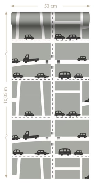 Tapete mit Straßen und Fahrzeugen, 53 Zentimeter breit, 10,05 Meter lang