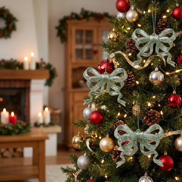 Weihnachtsbaum mit glitzernden Schleifen, Weihnachtskugeln und Lichterkette in einem wohnlich dekorierten Raum mit Kamin.