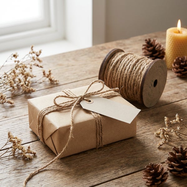 Geschenk verpackt in braunem Papier mit Juteschnur und Geschenkanhänger auf einem Holztisch mit Tannenzapfen und einer Kerze.