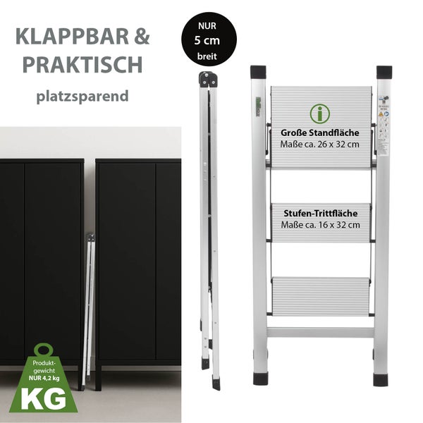 Aluminium Klapptritt mit drei Stufen, zusammengeklappt und aufgestellt dargestellt