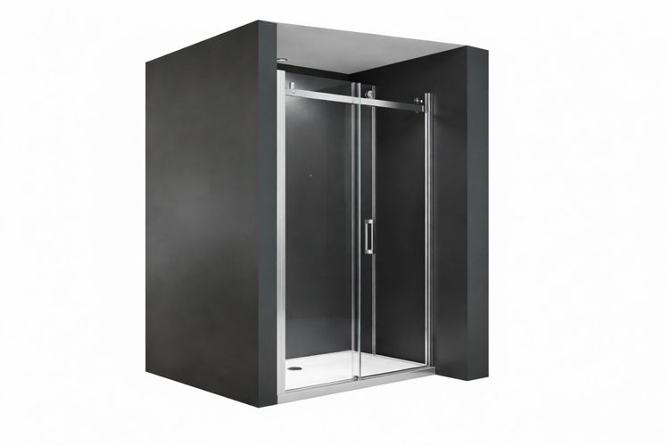 Duschkabine mit Schiebetür und festem Glaselement aus Sicherheitsglas, verchromten Profilen und weißer Duschwanne für Nischenmontage.