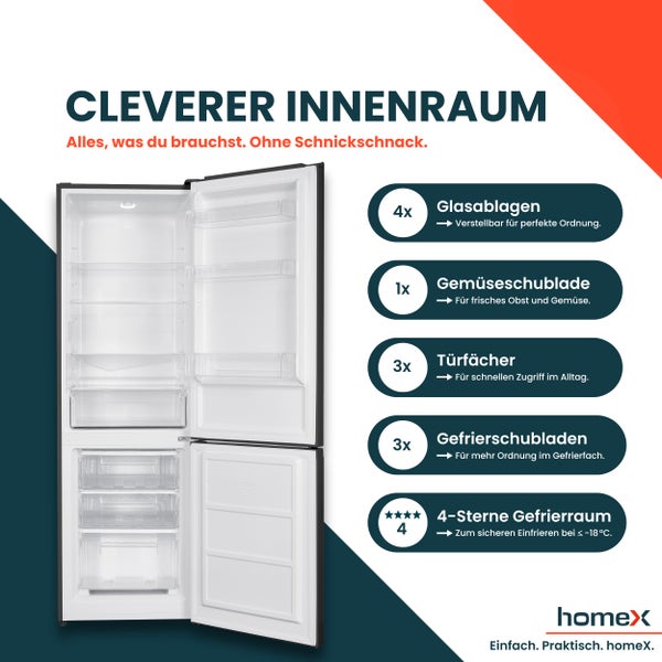 homeX Kühlschrank mit Gefrierfach Kühl-Gefrierkombination freistehend groß 315 Liter Super-Frost-Funktion schwarz