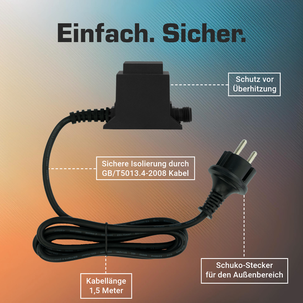 Schwarzes Außenkabel mit Schuko-Stecker, 1,5 Meter Kabellänge und integriertem Überhitzungsschutz.