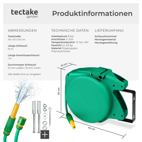 Tectake Gartenschlauchbox mit Produktinformationen, technischen Daten, Abmessungen und Lieferumfang