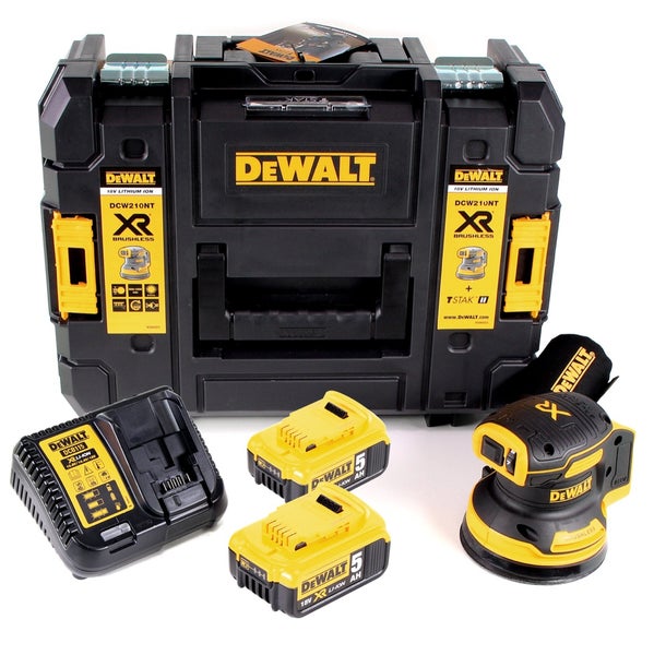 Bürstenloser DeWALT Akku-Exzenterschleifer XR DCW210NT 18 Volt Set mit zwei Akkus, Ladegerät und TSTAK Werkzeugkoffer.