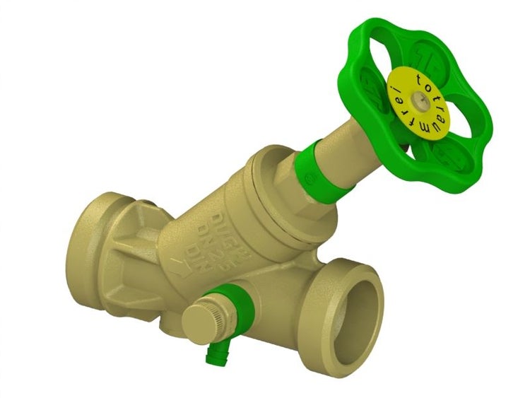 Totraumfreies Freistromventil Nennweite 25 aus Rotguss mit Entleerung und grünem Handrad.