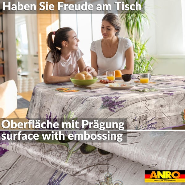 Runde abwaschbare Tischdecke von ANRO mit Lavendel-, Oliven- und Sonnenblumenmotiven in Holzoptik, Detail der geprägten Oberfläche und ANRO Logo.