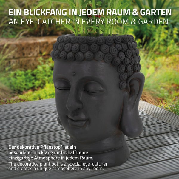 ML-Design Pflanztopf Buddha Figur Kopf 23x23x44 cm, Anthrazit, Harz, Innen- und Außenstatue, massiv, Groß Büste Skulptur, Pflanzgefäß Blumentopf Übertopf Gesicht Pflanzer Gartendeko Pflanzen Vase Urne