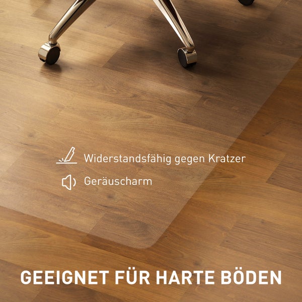 Transparente Bodenschutzmatte für harte Böden unter einem Bürostuhl. Kratzfest und geräuscharm.