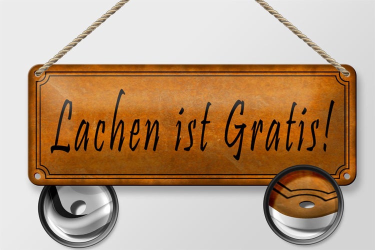 Blechschild Spruch 27x10cm Lachen ist Gratis gelbes Schild