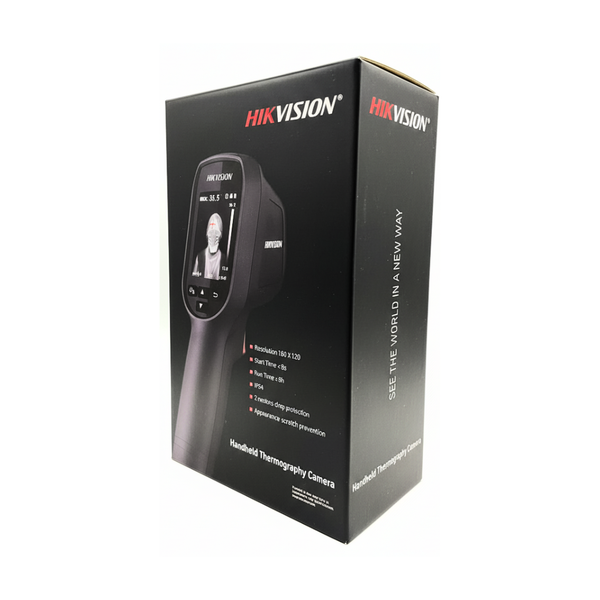 Verpackung der Hikvision Hand-Wärmebildkamera mit Hikvision Logo, Produktabbildung und technischen Daten.